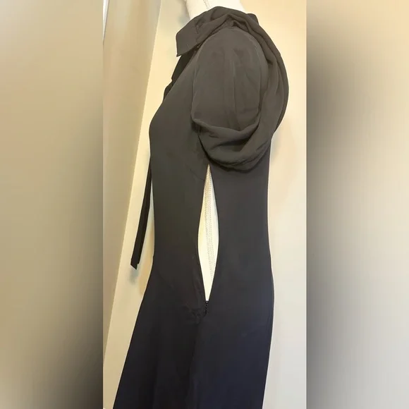 Theory 2 Black Tie Neck Drape Dress Long Sleeve Asymmetrical Hem 100% Silk - Picture 7 of 11